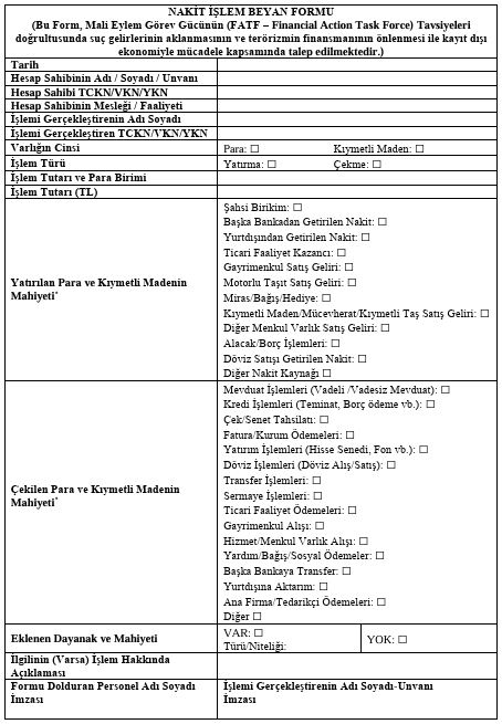 Nakit İşlem Beyan Formu